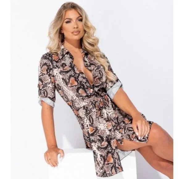Snake Print Animal Print Long Roll Tab Sleeve Loose Fit Belted Mini Shirt Dress - Picture 9 of 11